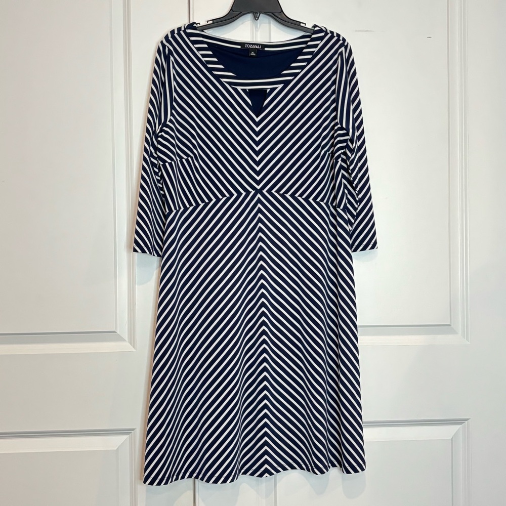 Roz & Ali Navy Blue White Stripe Keyhole Neck Long Sleeve Fit Flare Dress XL